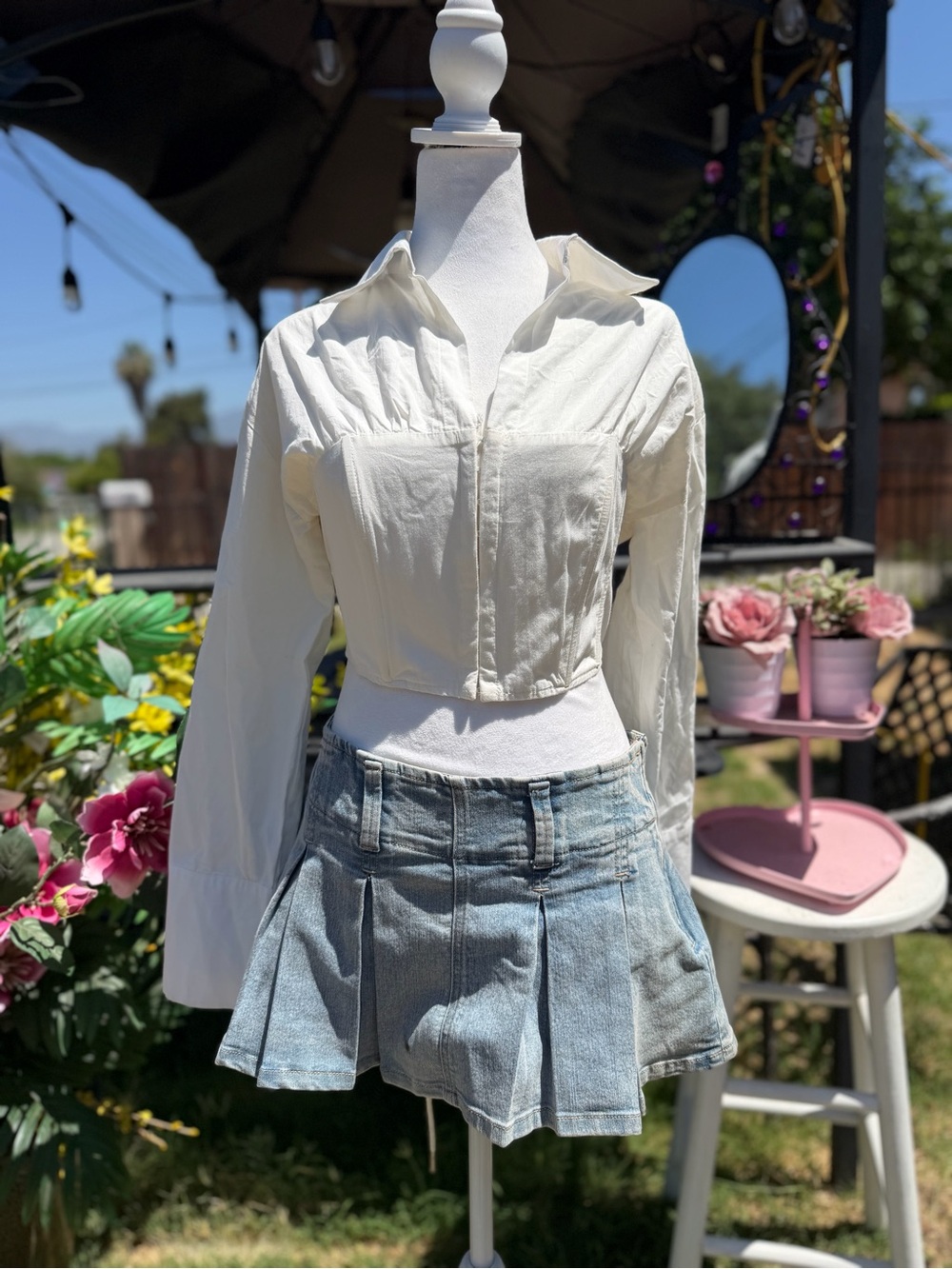 Set Y2K old school cropped White Button-Front Shirt with Collared Neck